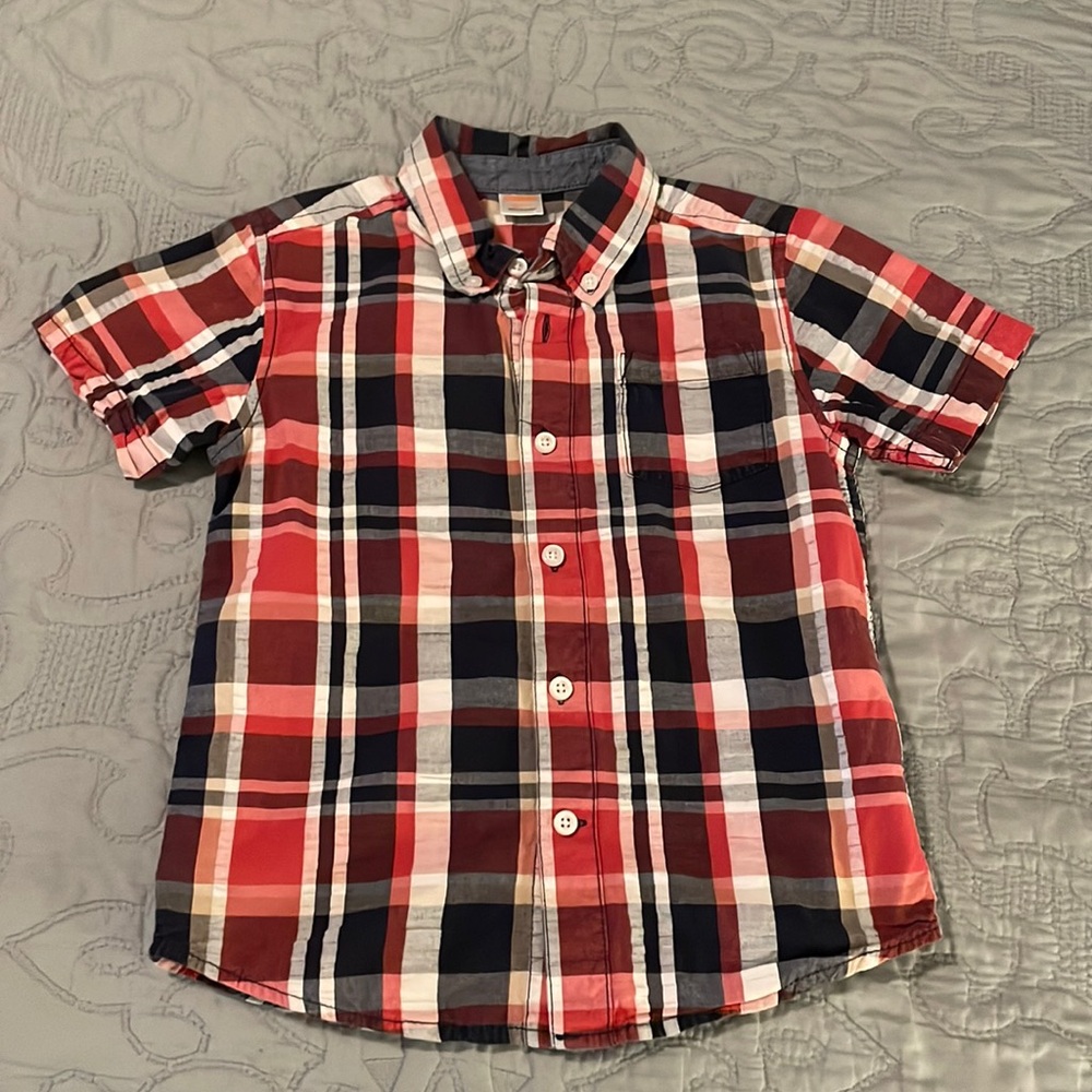 Gymboree S (5-6) Red, White, Blue Plaid Button Down Short Sleeve Shirt
